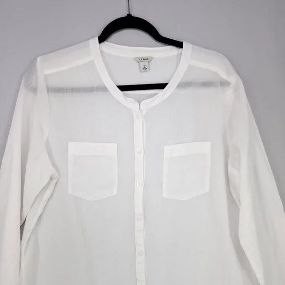 LL Bean Cotton Gauzy Long Sleeve Button Up Shirt Womens Medium Sheer White Beach - Picture 4 of 13